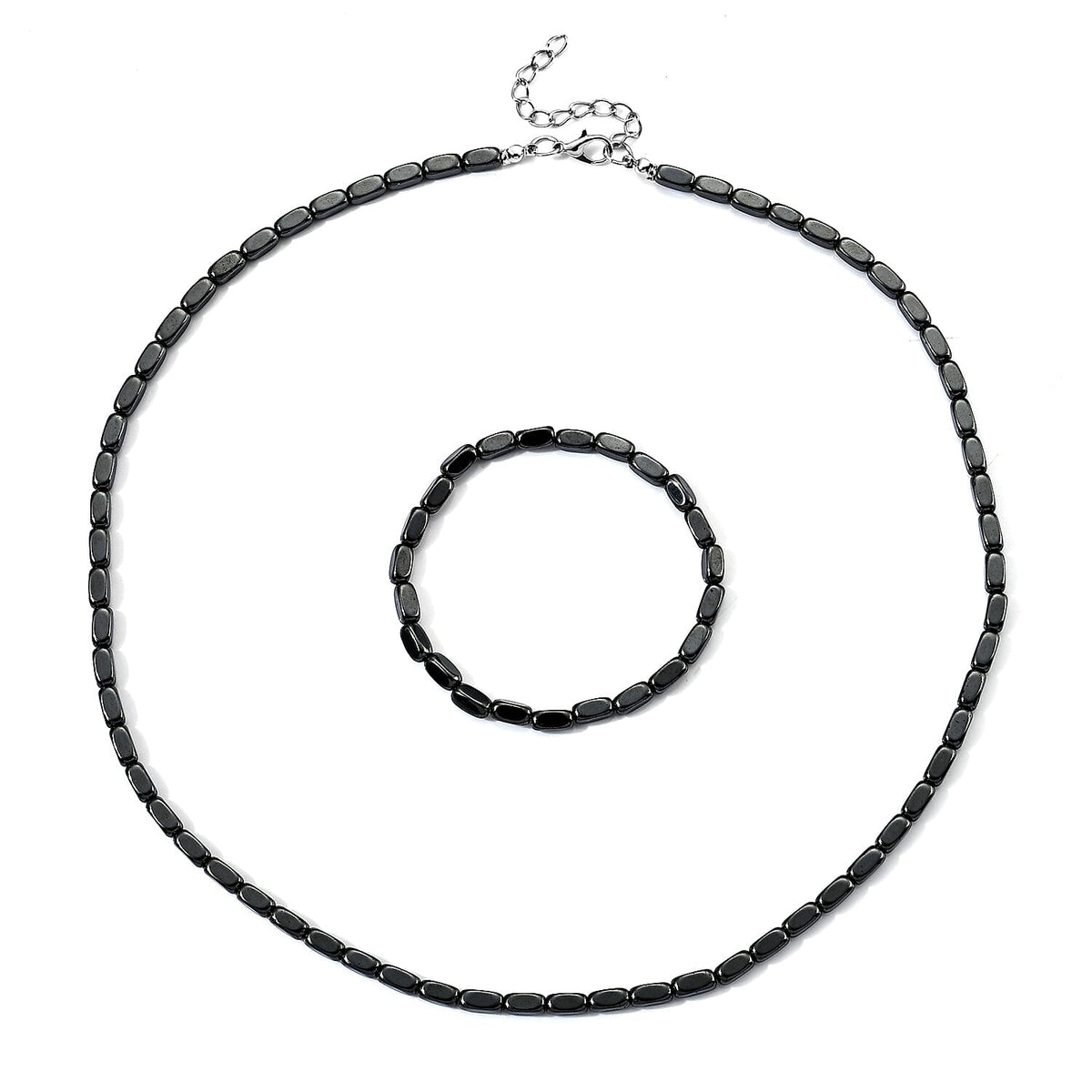 Hematite Stretch Bracelet (7-7.5In) and Necklace (21.25-23.25 Inches) in Silvertone 170.00 ctw