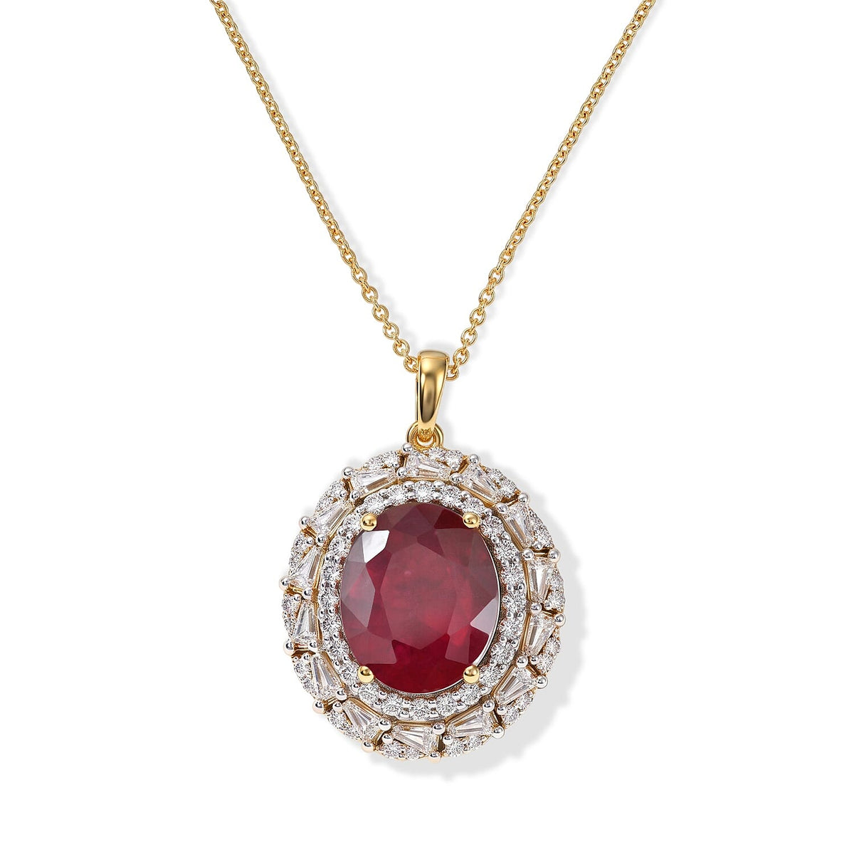 D''Joy Premium Niassa Ruby (FF), Moissanite Pendant Necklace (18 Inches) in 18K Vermeil Sterling YG Over Silver 8.10 ctw