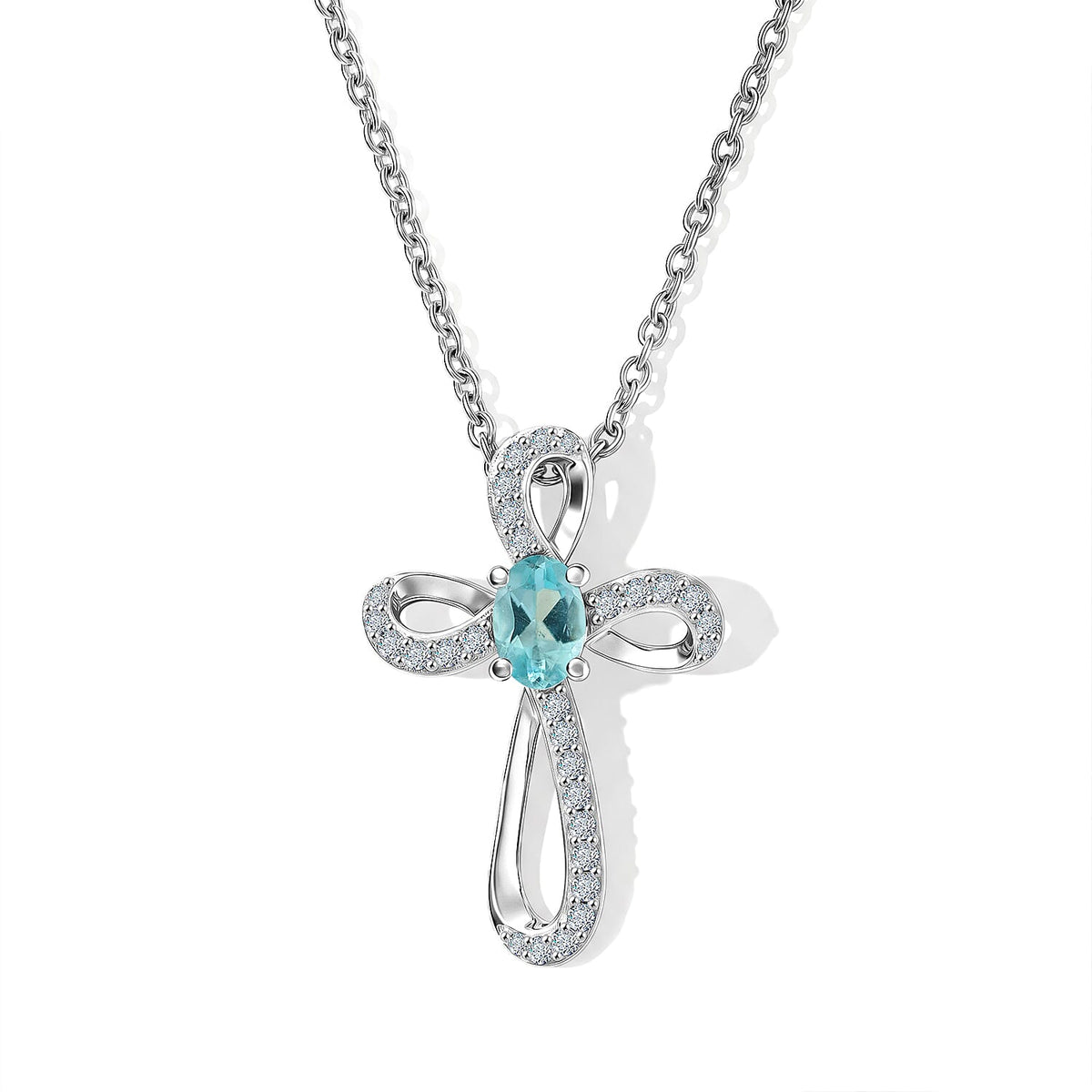 D''Joy Blue Apatite, White Zircon Cross Pendant in Rhodium Over Sterling Silver with Stainless Steel Necklace (20 Inches) 0.80 ctw