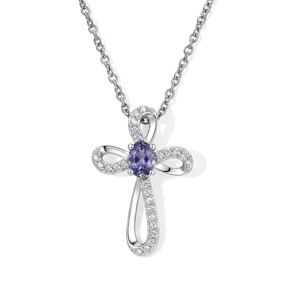 D''Joy Blue Apatite, White Zircon Cross Pendant in Rhodium Over Sterling Silver with Stainless Steel Necklace (20 Inches) 0.80 ctw