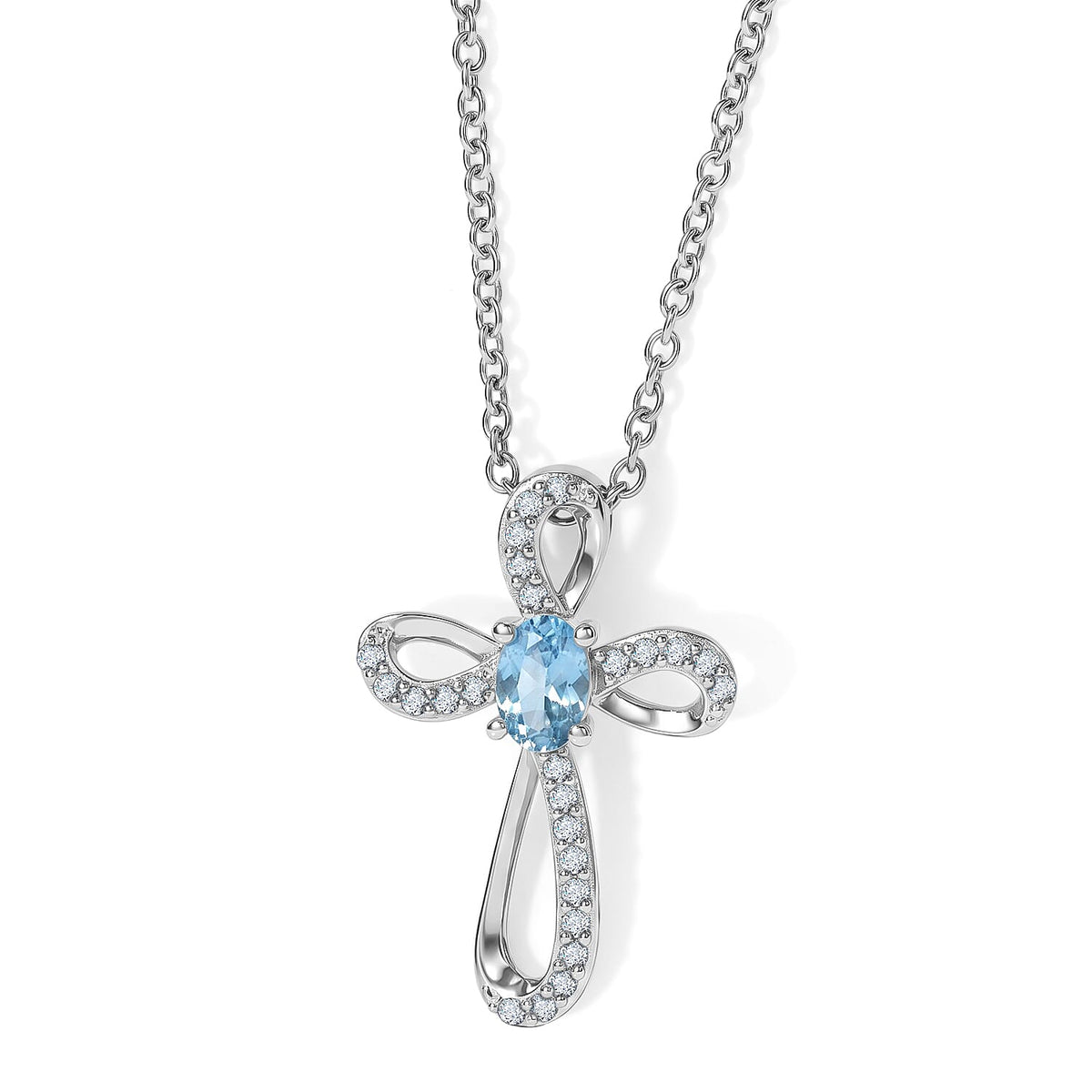 D''Joy Blue Apatite, White Zircon Cross Pendant in Rhodium Over Sterling Silver with Stainless Steel Necklace (20 Inches) 0.80 ctw