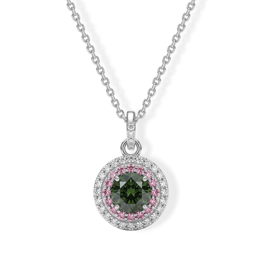 Luxuriant Lab Grown Green, Pink and White Diamond (VS) (IR) Verdant Blush Halo Pendant Necklace (20 Inches) in Rhodium Over Sterling Silver 1.50 ctw