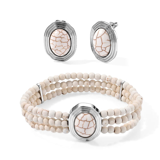 White Howlite 56.00 ctw 3 Row Bracelet (7.25-8.25In) and Earrings in Silvertone with Stainless Steel