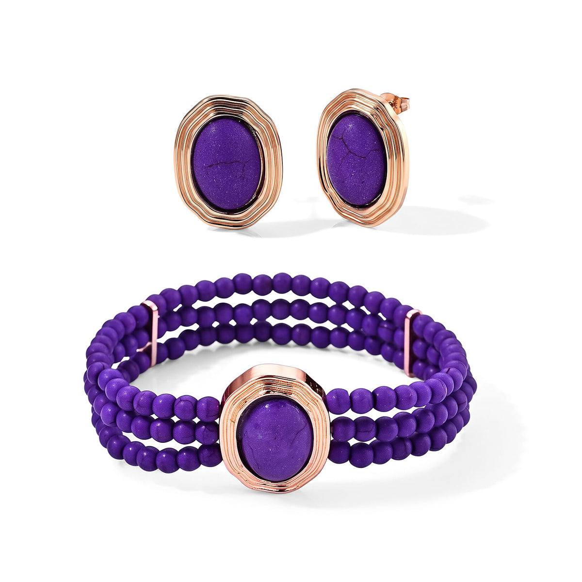 White Howlite 56.00 ctw 3 Row Bracelet (7.25-8.25In) and Earrings in Silvertone with Stainless Steel