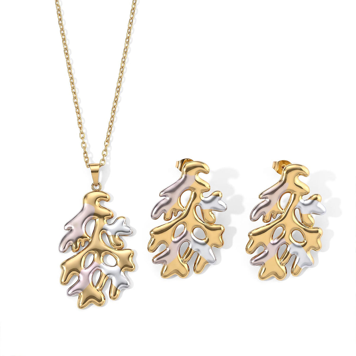 Teardrop Necklace (20-22 Inches) and Earrings in ION Plated YRG and Stainless Steel