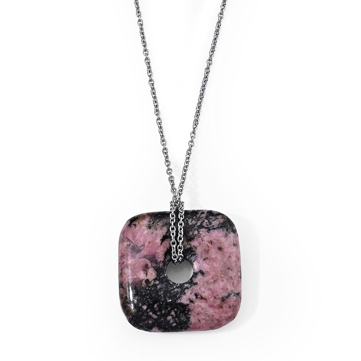 Galilea Rose Quartz 58.00 ctw Pendant in Silvertone with Stainless Steel Necklace 26 Inches