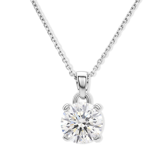 D'Joy Certified Moissanite (Rnd 8mm) (D, VS) Solitaire Pendant in Rhodium Over Sterling Silver with Stainless Steel Necklace (20 Inches) 2.00 ctw