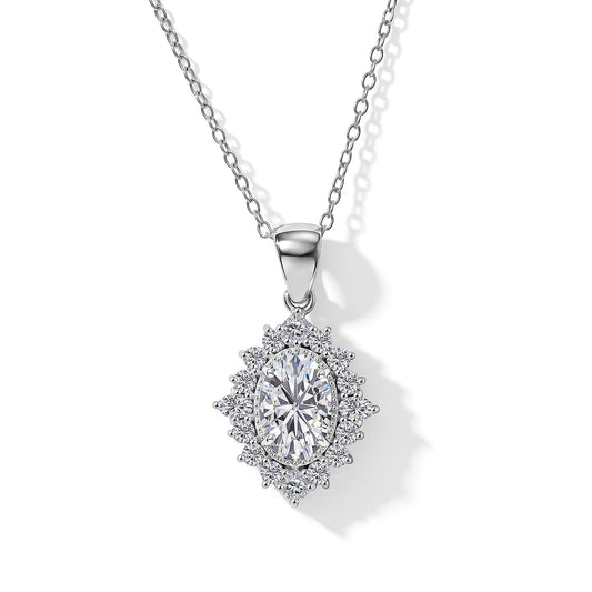 D'Joy Moissanite (Ovl 9x6mm) Sunburst Pendant Necklace (18 Inches) in Rhodium Over Sterling Silver 2.20 ctw