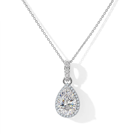 D'Joy Moissanite (Pear 15x9mm) Halo Pendant Necklace (18 Inches) in Rhodium Over Sterling Silver 4.90 ctw