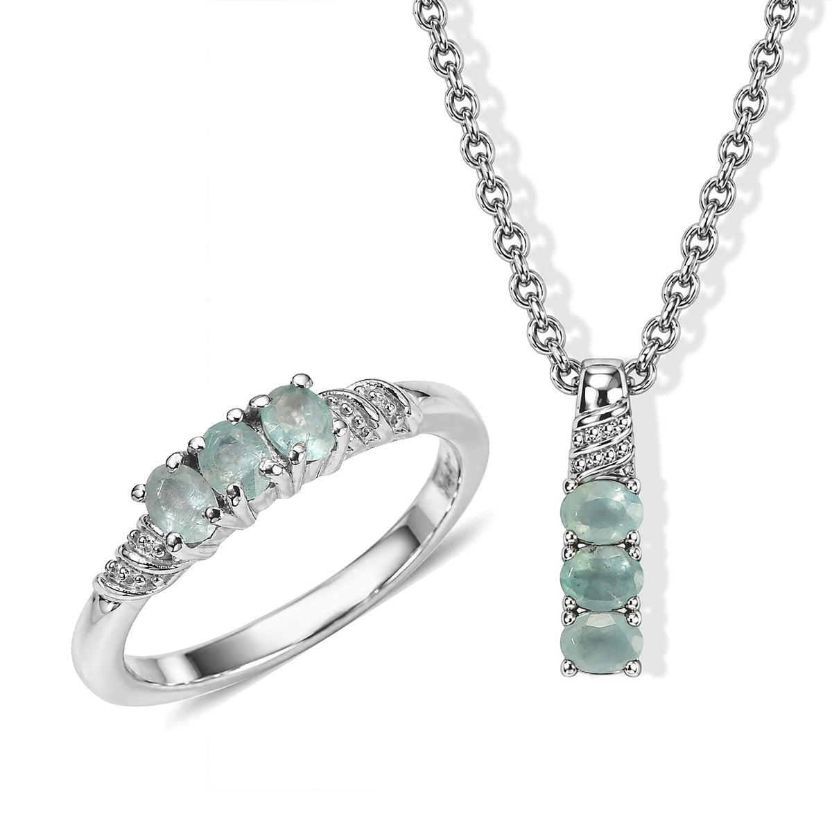 EverTrue Grandidierite 1.00 ctw 3 Stone Ring (Size 10) and Pendant Necklace 20 Inches in Stainless Steel