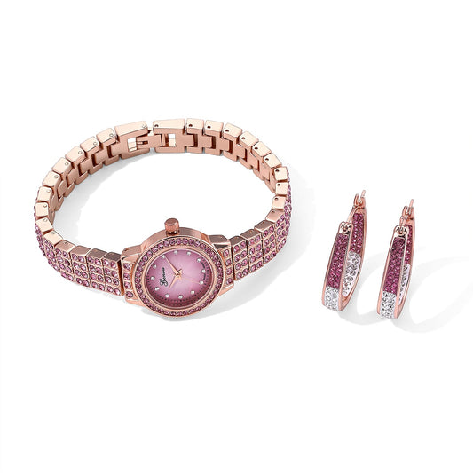 Genoa Austrian Pink and White Crystal Watch PC21S Japan Movement and Earrings in ION Plated RG Stainless Steel