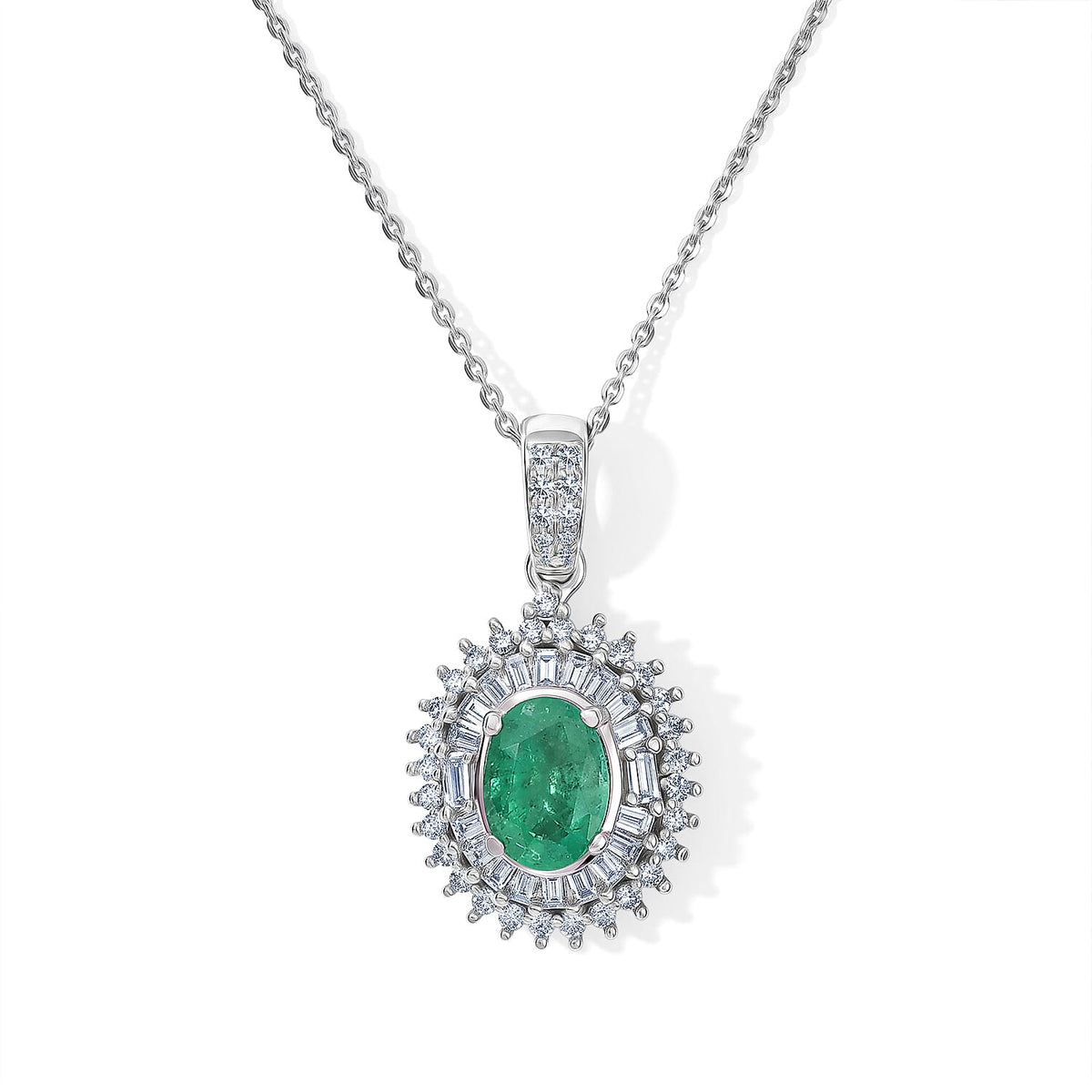 AAA Kagem Zambian Emerald and Luxuriant Lab Grown Diamond G-H SI 1.60 ctw Pendant Necklace (20 Inches) in Rhodium Over Sterling Silver