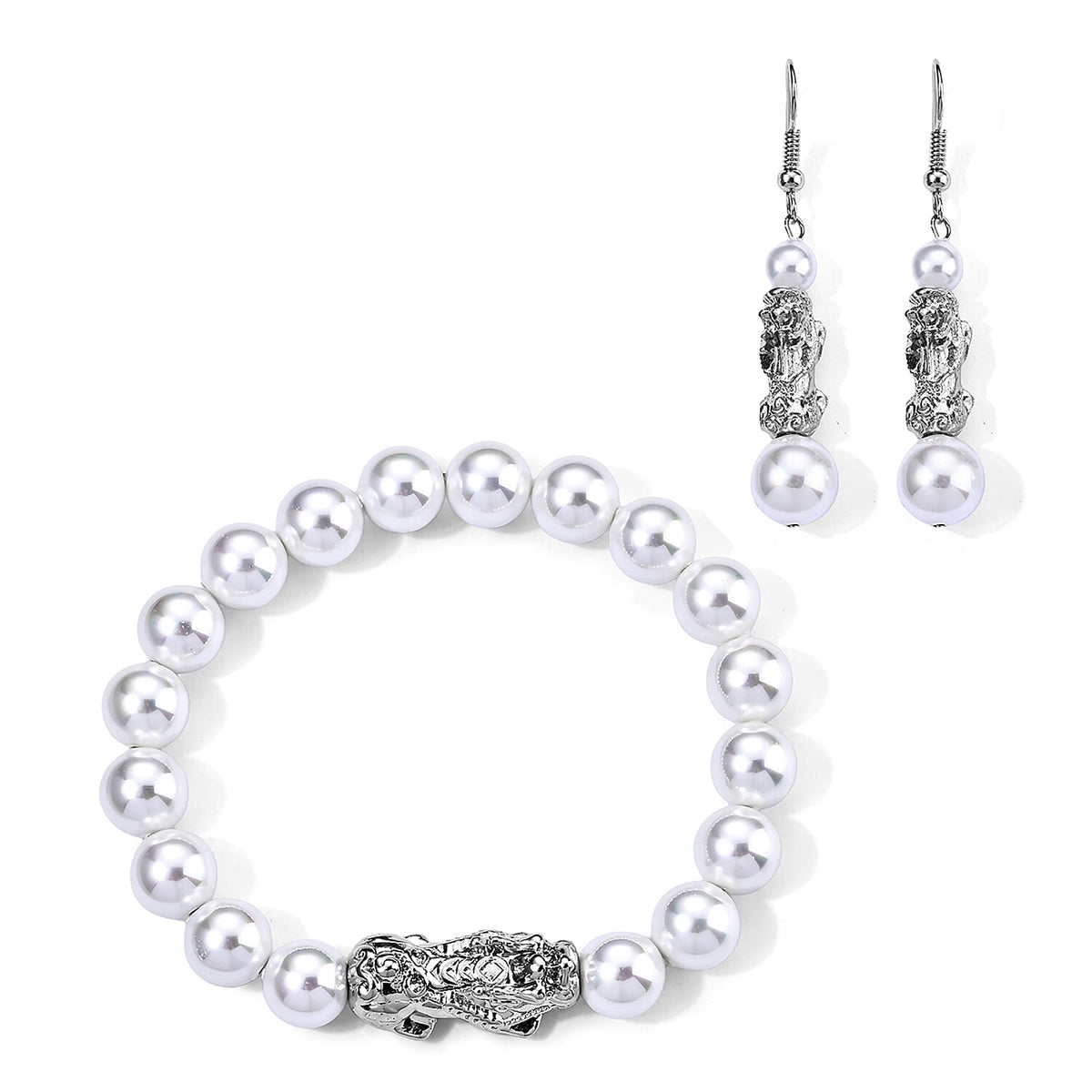 White Shell Pearl Bracelet (7-7.5In) and Earrings in Silvertone