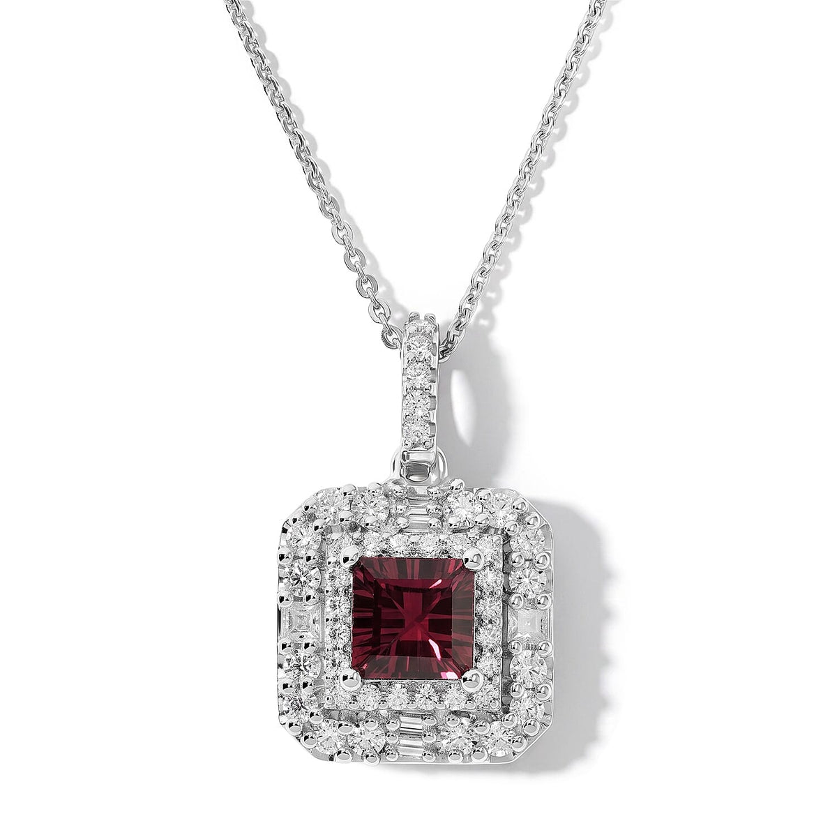D''Joy Concave Cut Premium Tanzanian Raspberry Garnet, Moissanite Pendant Necklace (18 Inches) in Rhodium Over Sterling Silver 2.15 ctw