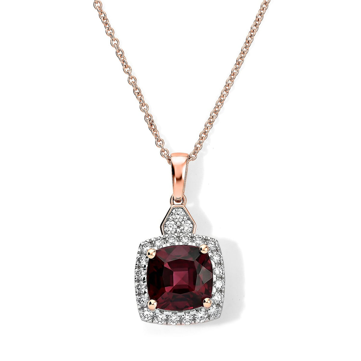 Certified and Appraised 10K Rose Gold AAA Tanzanian Mahenge Garnet, Luxuriant Lab Grown Diamond (G-H, SI) Pendant Necklace (18 Inches) 3.38 ctw