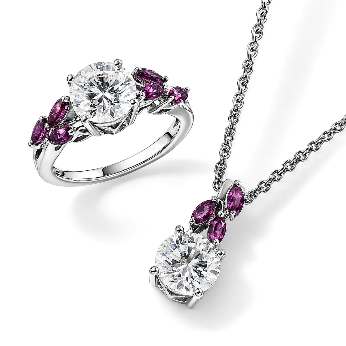 EverTrue Moissanite and Radiant Ember Garnet 4.50 ctw Ring (Size 5) and Pendant in Platinum Bond with Stainless Steel Necklace 20 Inches