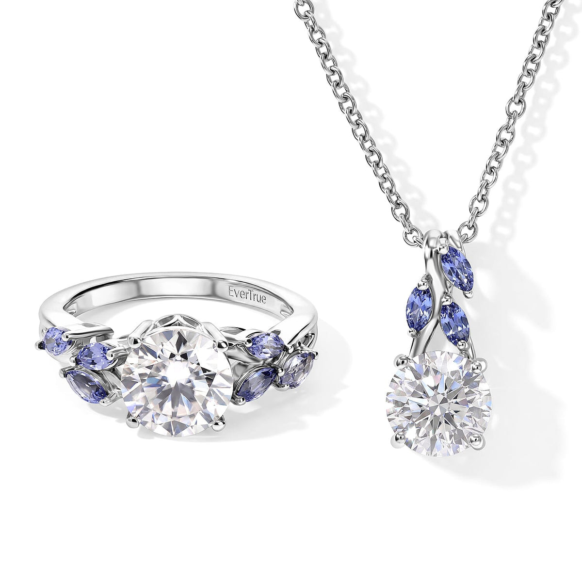 EverTrue Moissanite and Radiant Ember Garnet 4.50 ctw Ring (Size 5) and Pendant in Platinum Bond with Stainless Steel Necklace 20 Inches