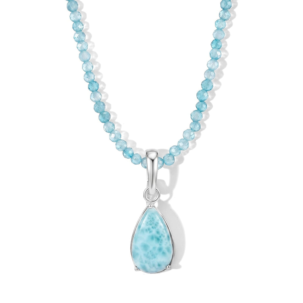 D''Joy AAA Larimar and Apatite 37.75 ctw Pendant with Beaded Necklace in Rhodium Over Sterling Silver 20 Inches