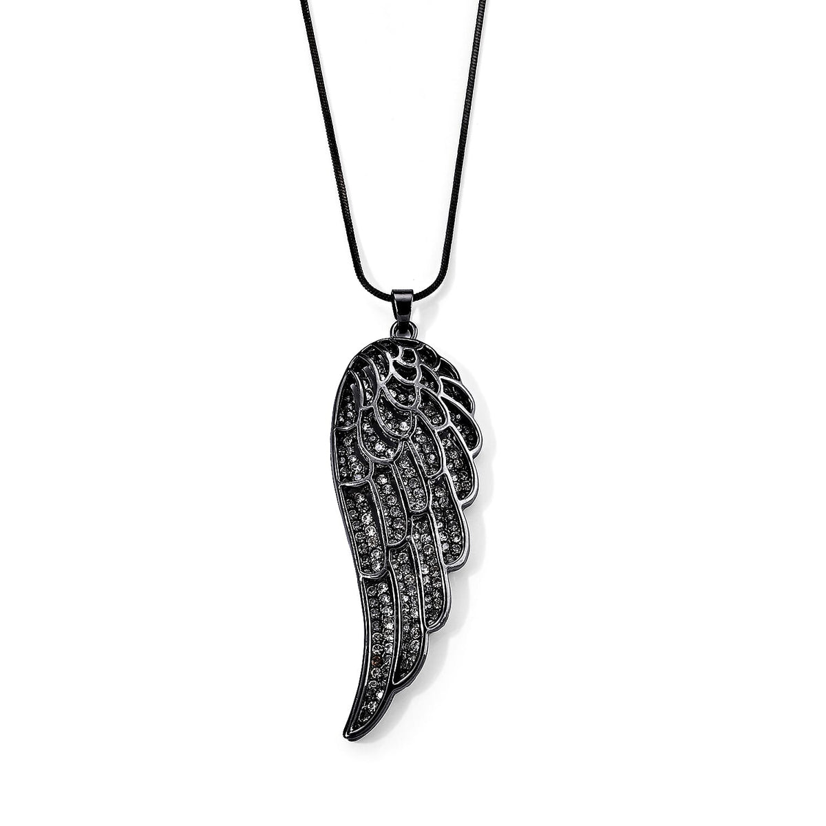 Austrian Crystal Angel Wing Pendant Necklace (29.50 Inches) in Black Silvertone