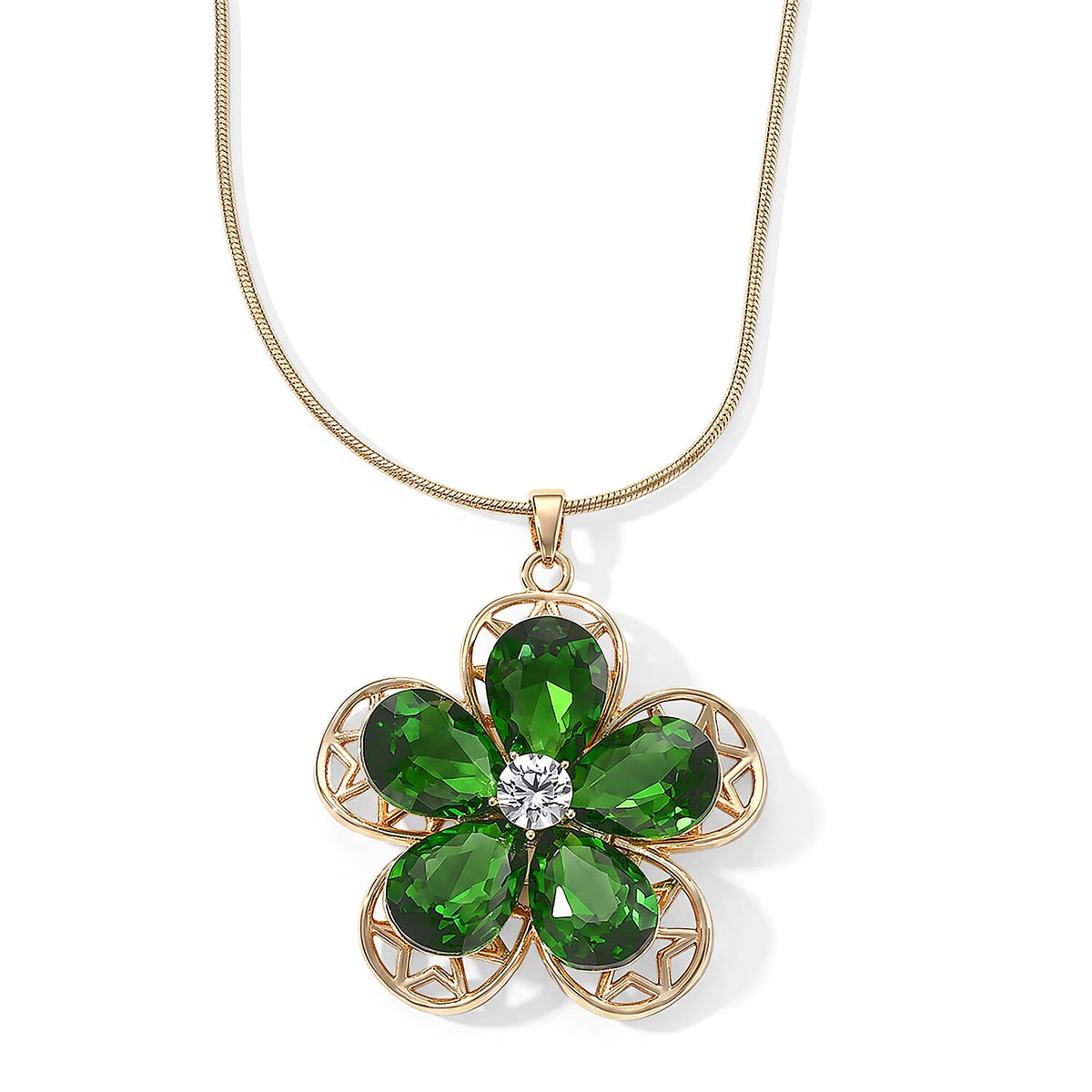Green Glass, Austrian Crystal Flower Pendant Necklace (29.5-31.5Inches) in Goldtone
