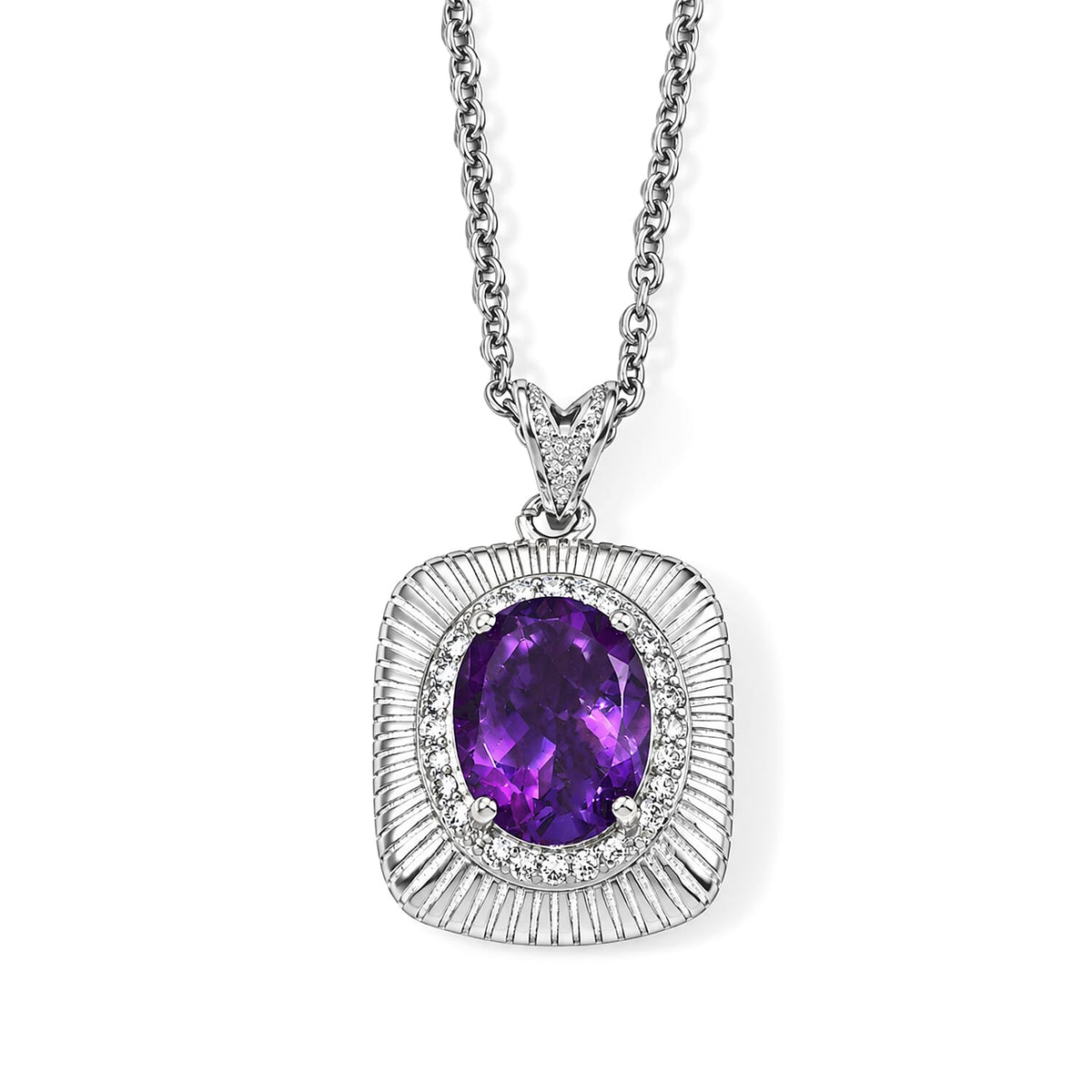 Amethyst and Simulated Diamond 3.05 ctw Pendant in Silvertone with Stainless Steel Necklace (20 Inches)