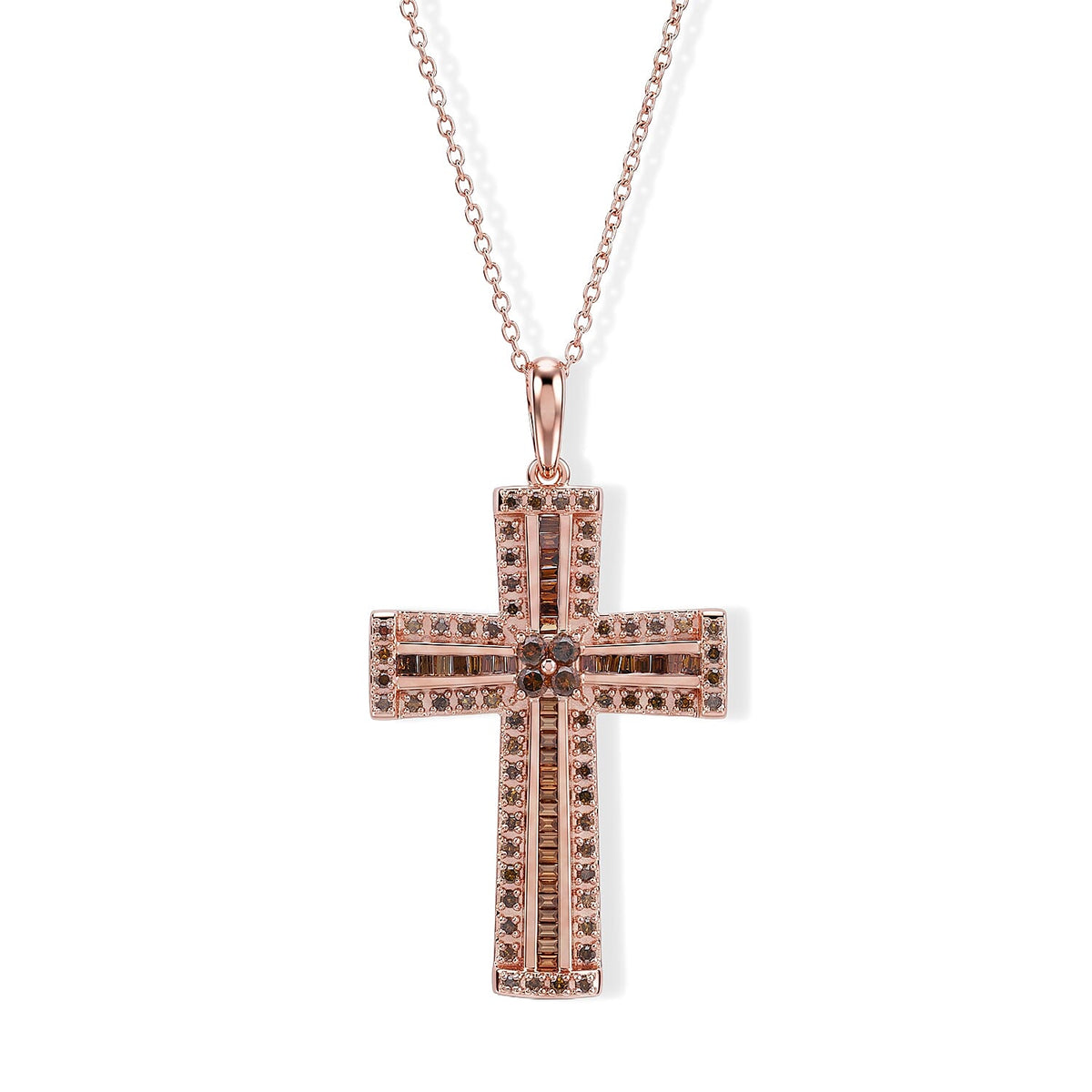 D''Joy Natural Red Diamond 0.50 ctw Cross Pendant Necklace (18 Inches) in 18K Vermeil Rose Gold Over Sterling Silver