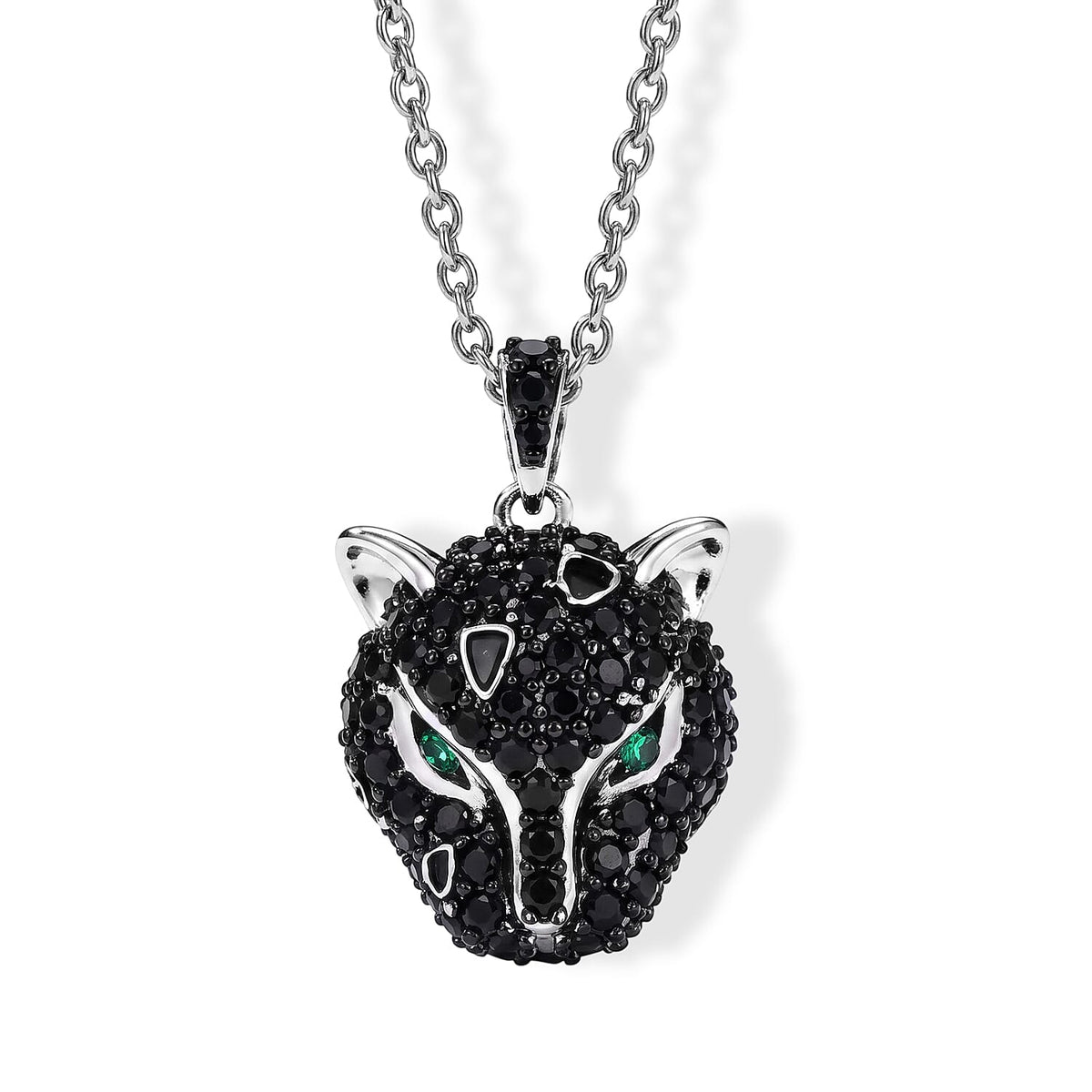 EverTrue Thai Black Spinel, Simulated Green Diamond Leopard Pendant in Dualtone with Stainless Steel Necklace (20 Inches) 1.20 ctw