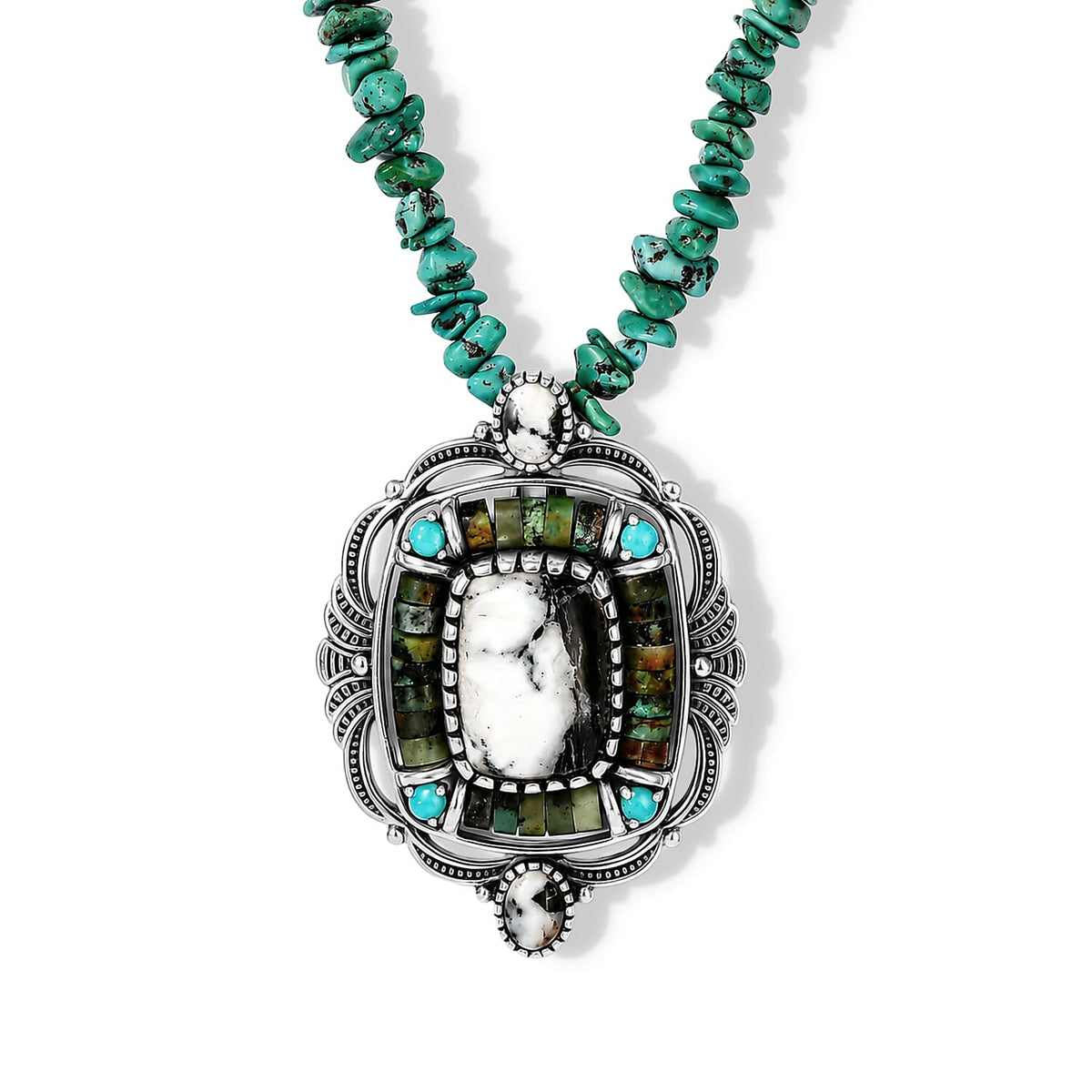 D''Joy Premium White Buffalo and Multi Gemstone Pendant 35.90 ctw with Beaded Necklace in Sterling Silver 20 Inches