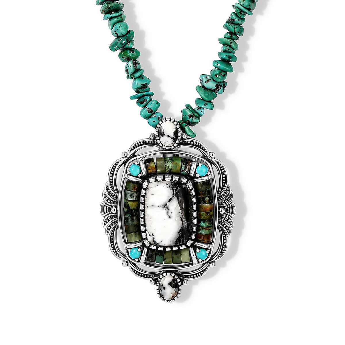 D''Joy Premium White Buffalo and Multi Gemstone Pendant 35.90 ctw with Beaded Necklace in Sterling Silver 20 Inches