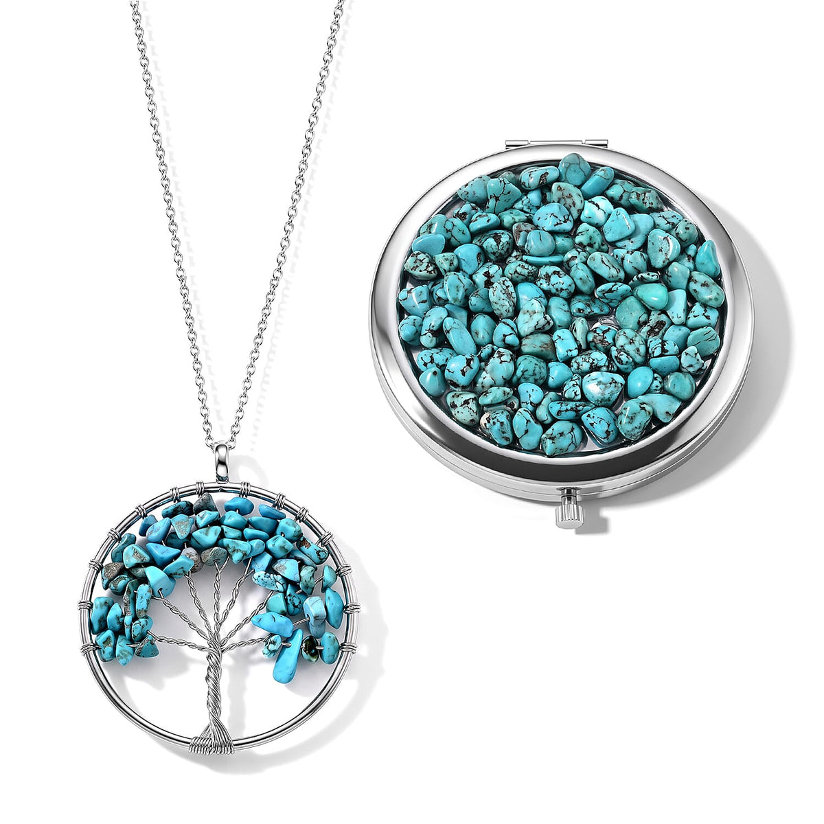 Blue Howlite and Glass 43.00 ctw Mirror and Tree of Life Pendant Necklace in Silvertone 20-22 Inches