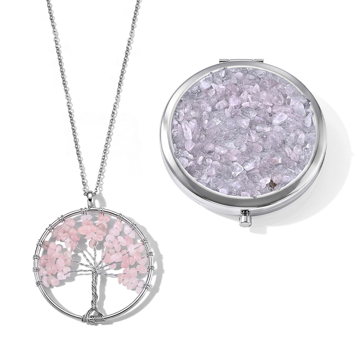 Blue Howlite and Glass 43.00 ctw Mirror and Tree of Life Pendant Necklace in Silvertone 20-22 Inches