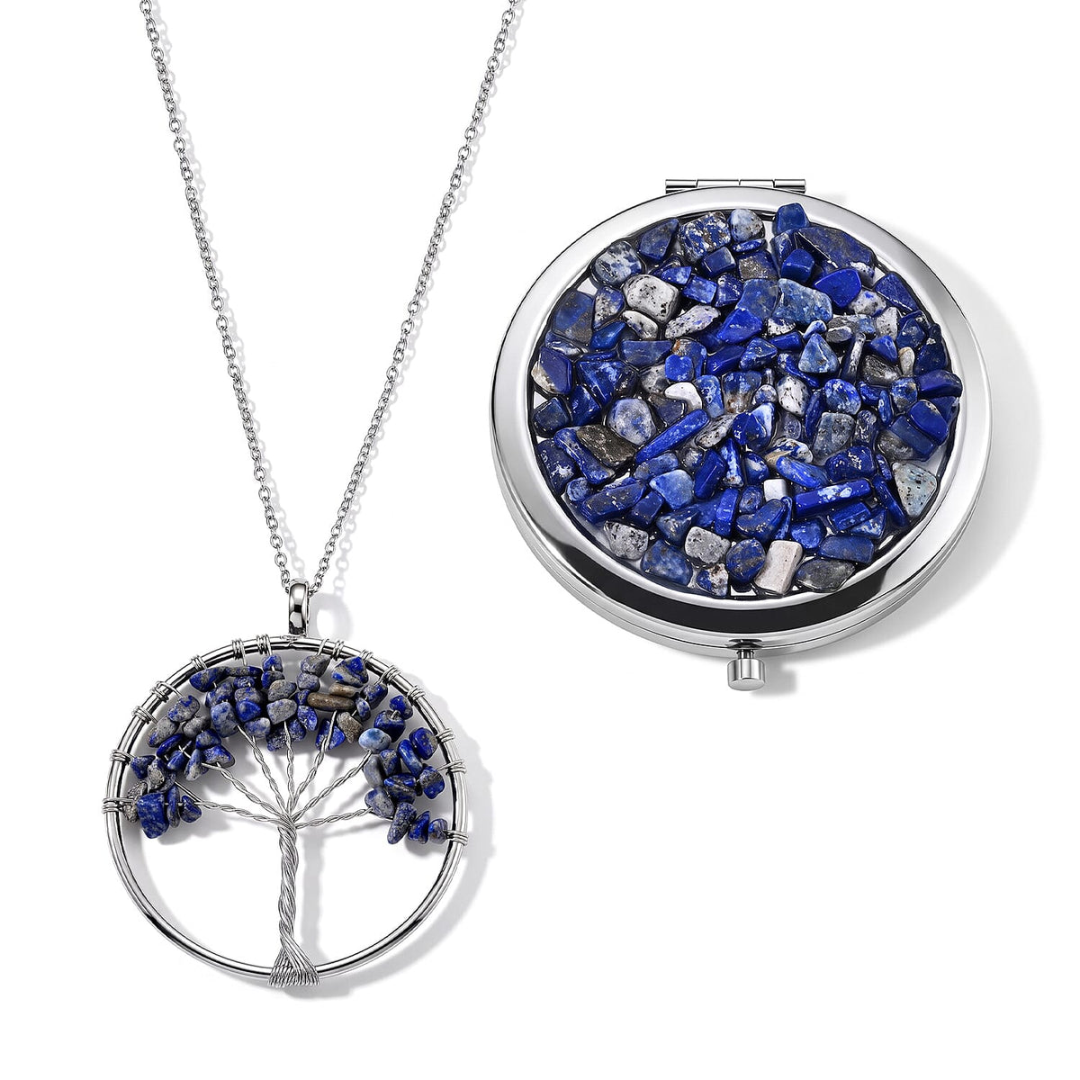 Blue Howlite and Glass 43.00 ctw Mirror and Tree of Life Pendant Necklace in Silvertone 20-22 Inches