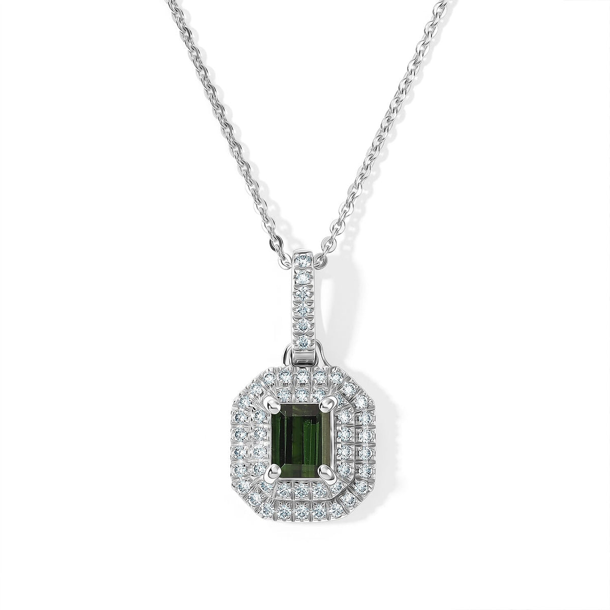 D''Joy AAA Sapo Green Tourmaline, Moissanite Pendant Necklace (20 Inches) in Rhodium Over Sterling Silver 0.90 ctw