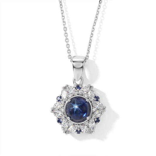 10K Yellow Gold AAA Blue Star Sapphire (DF), Luxuriant Lab Grown Diamond (E-F, VS) The Celestial Treasure Pendant Necklace (20 Inches) 9.15 ctw