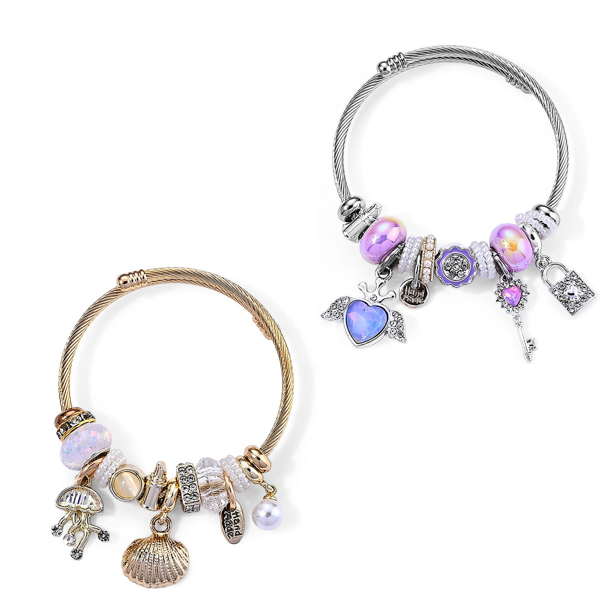 Set of 2 Lab Created Yellow Cat's Eye, Multi Gemstone Butterfly Bangle Bracelet in ION Plated YG and Stainless Steel (Adjustable) 0.06 ctw