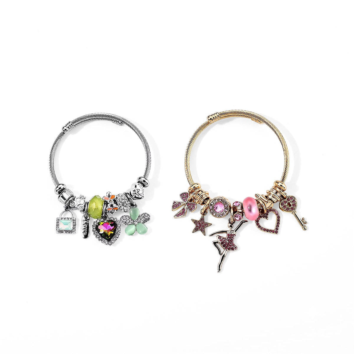 Set of 2 Lab Created Yellow Cat's Eye, Multi Gemstone Butterfly Bangle Bracelet in ION Plated YG and Stainless Steel (Adjustable) 0.06 ctw