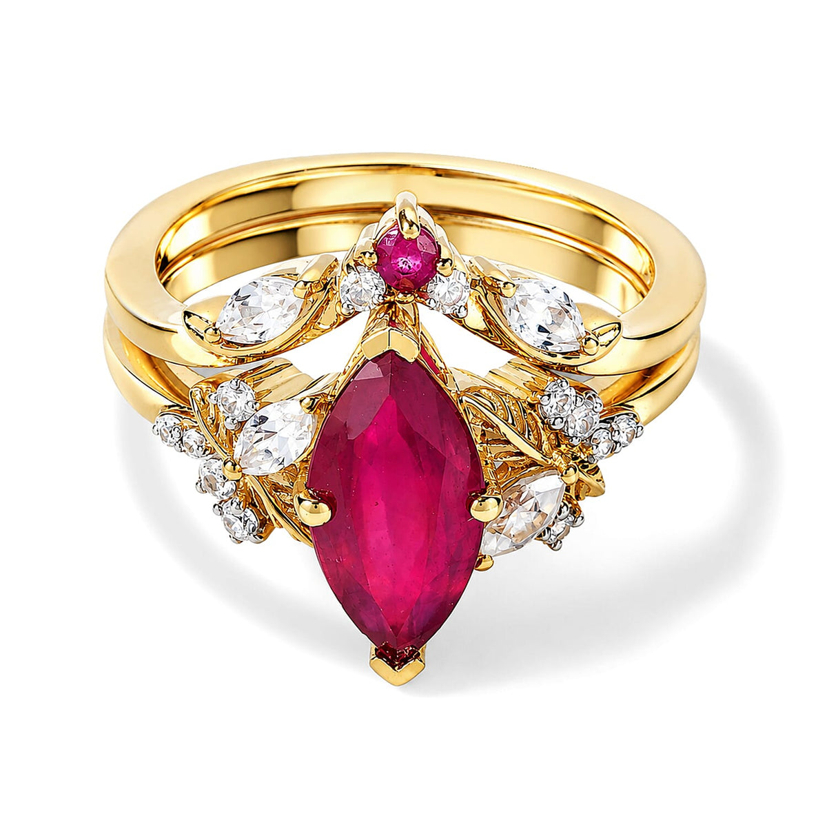 GP Premium African Ruby and White Zircon 3.00 ctw Set of 2 Stackable Ring in 18K Vermeil YG Over Sterling Silver (Size 6.0)