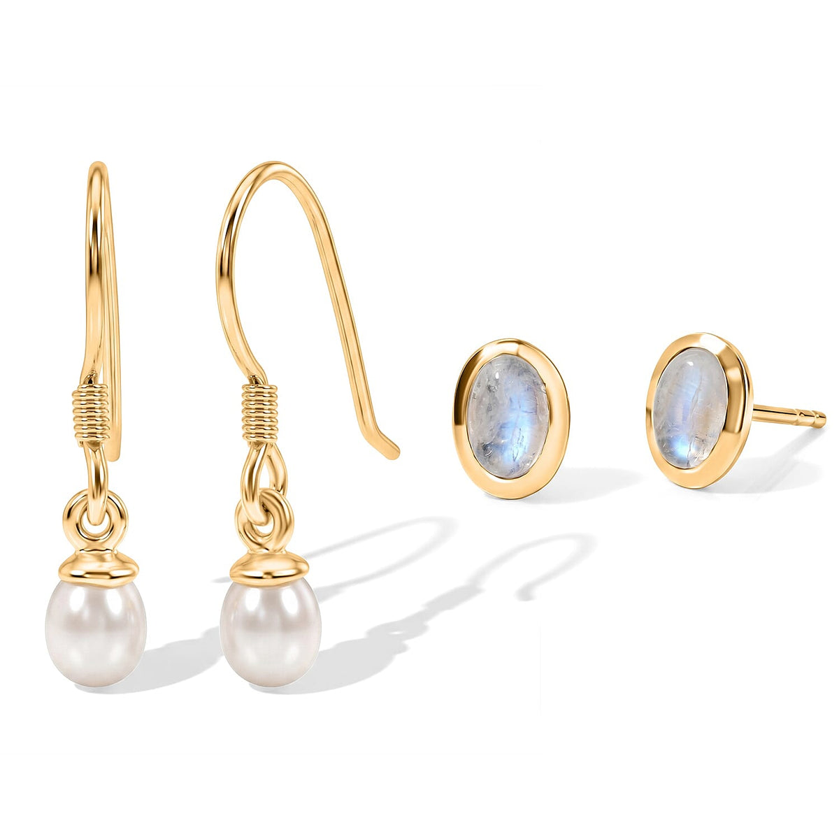 D''Joy Moon Glow Moonstone, Freshwater Pearl Set of 2 Earrings in 18K Vermeil YG Over Sterling Silver 1.15 ctw
