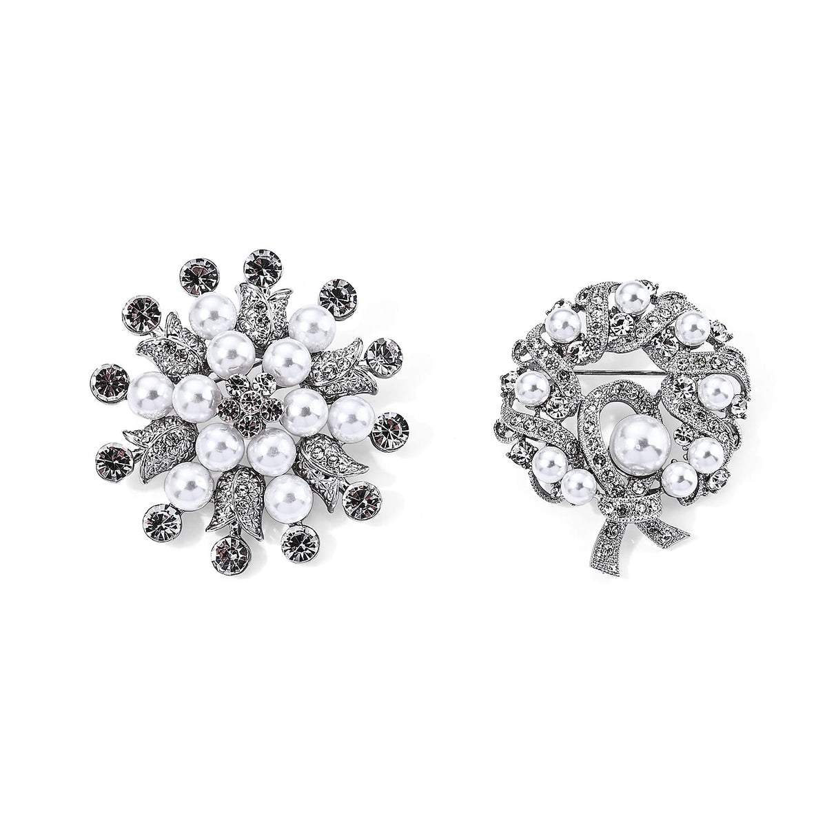 Austrian Crystal, Resin Set of 2 Pearl Brooches in Silvertone