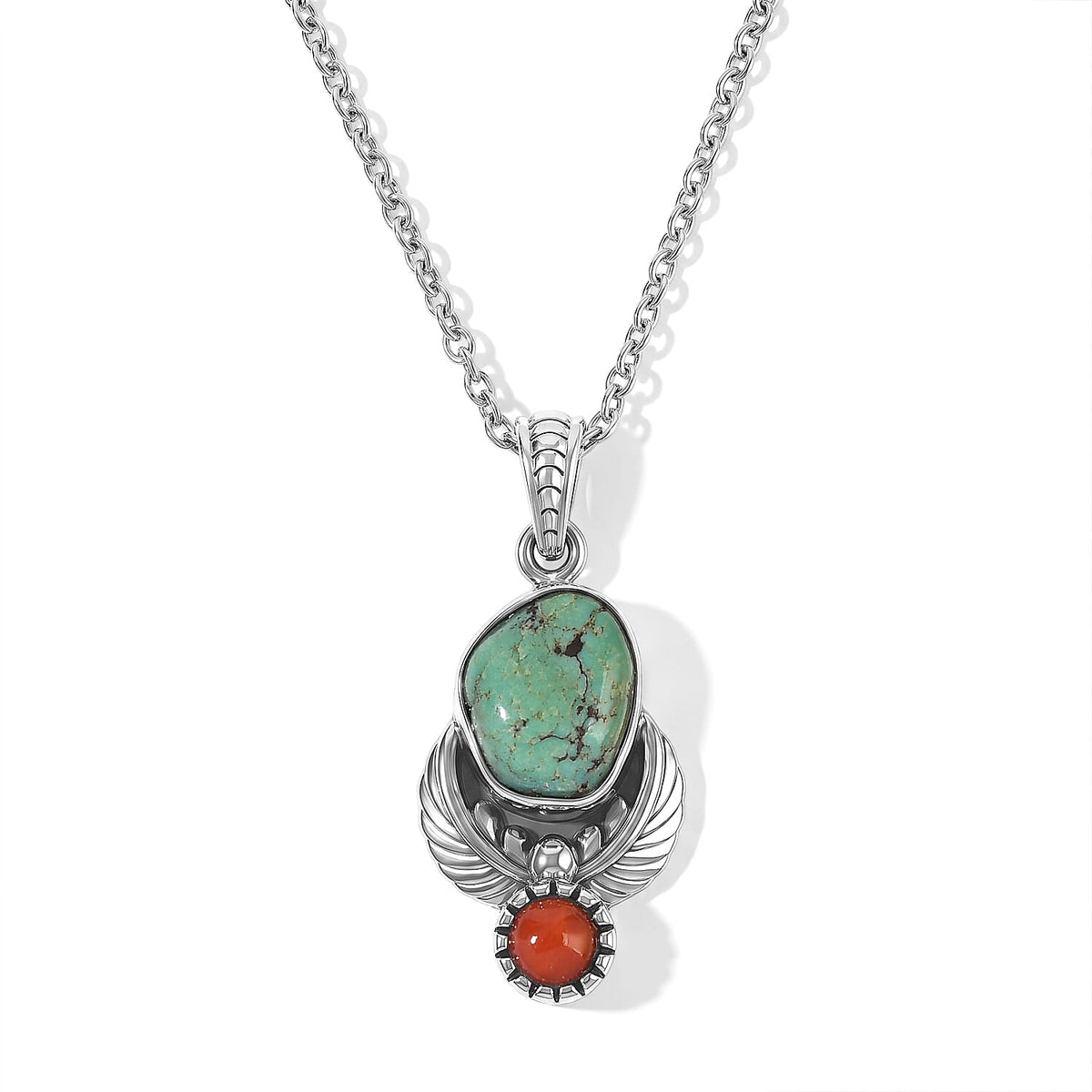 D''Joy Royal Hubei Blue Turquoise 5.35 ctw and Coral Pendant in Sterling Silver with Stainless Steel Necklace 20 Inches