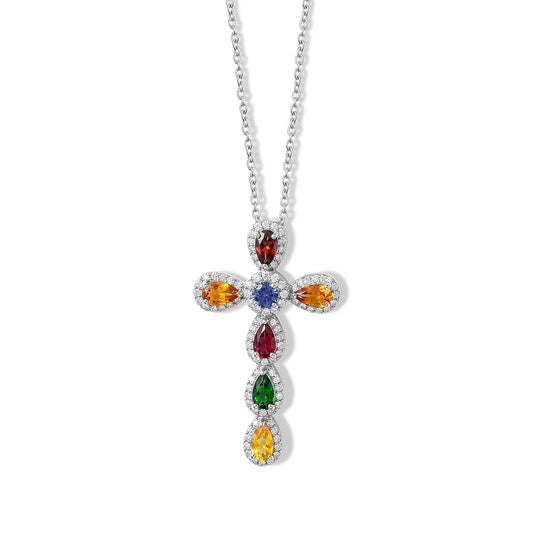 Multi Gemstone, Diamond (0.46 cts) Pendant Necklace (18-20 Inches) in Sterling Silver 2.20 ctw