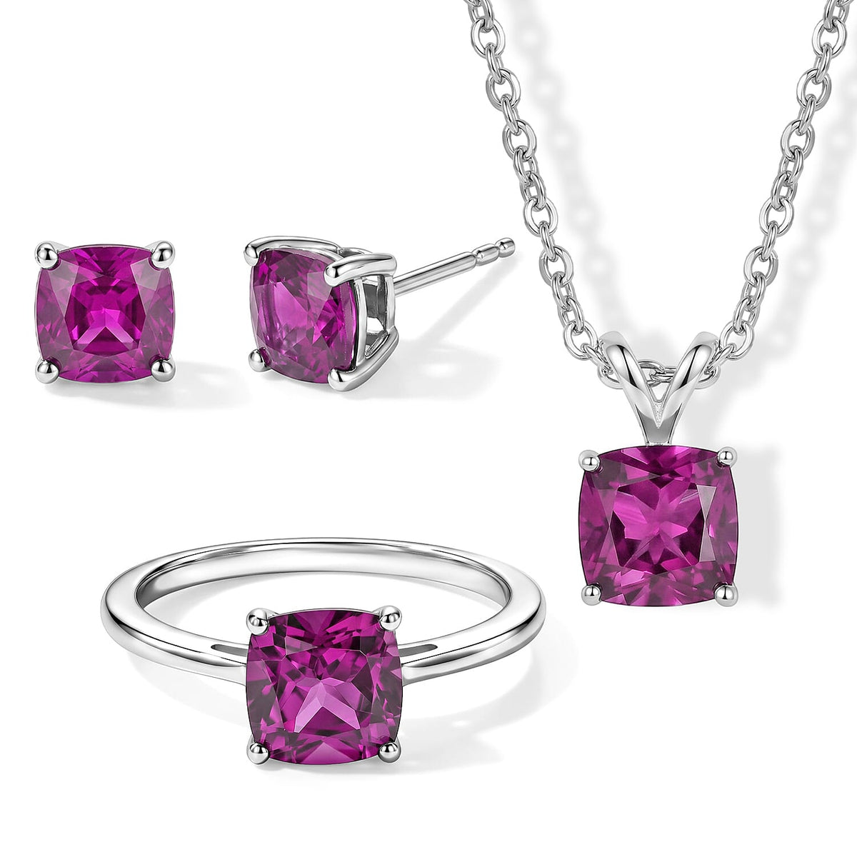 EverTrue Lab Created Pink Sapphire Earrings, Ring (Size 7.0) and Pendant in Platinum Bond with Stainless Steel Necklace (20 Inches) 7.55 ctw