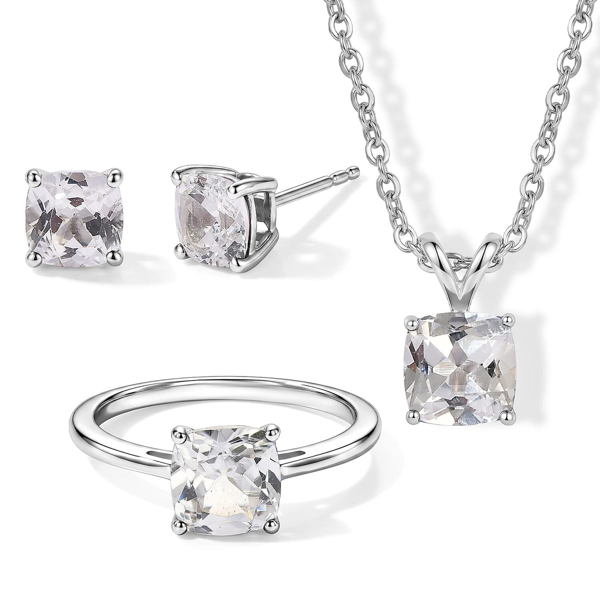 EverTrue Lab Created Sapphire 6.85 ctw Set of 3 Earrings, Ring (Size 7.0) and Pendant in Platinum Bond with Stainless Steel Necklace 20 Inches
