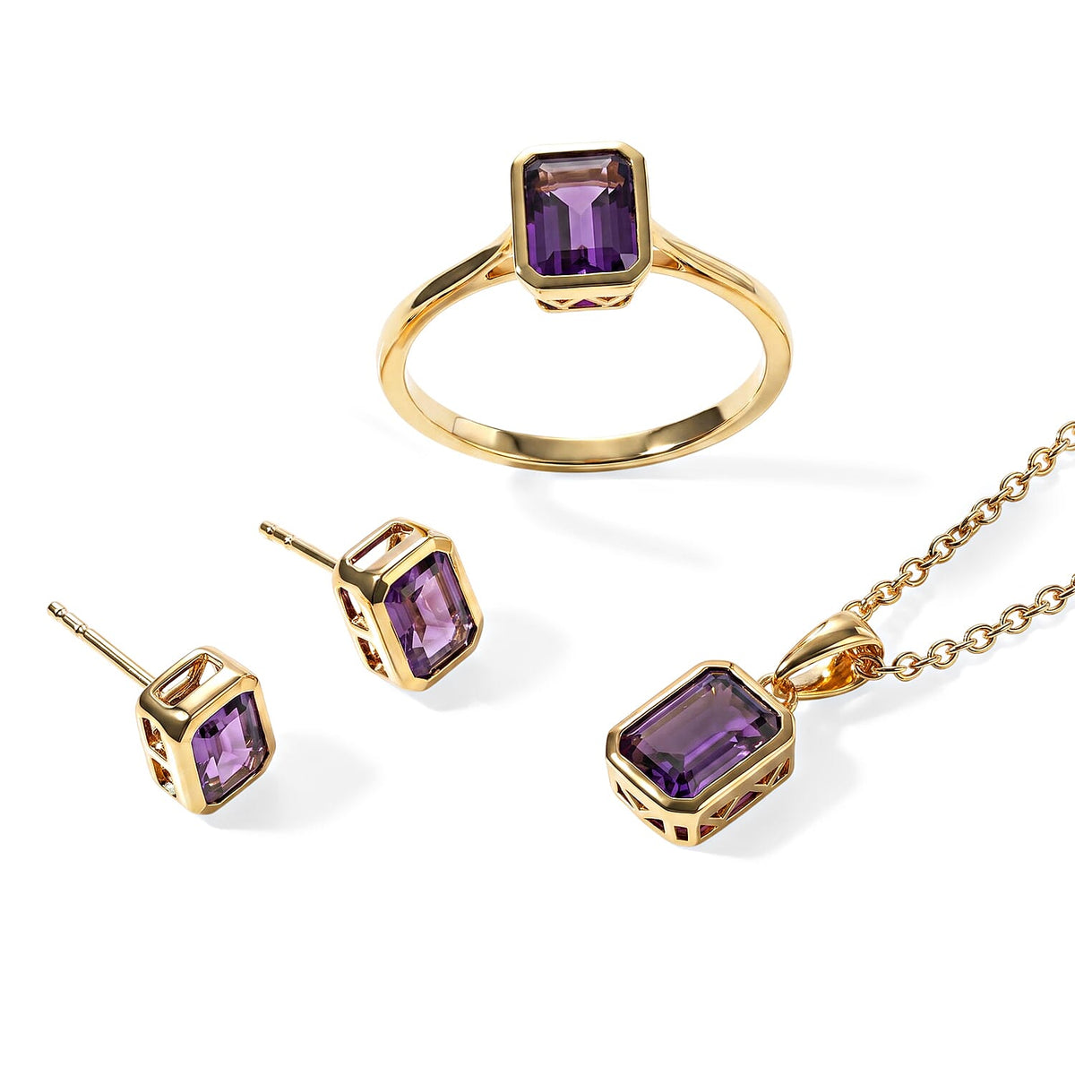 EverTrue African Amethyst Earrings, Ring (Size 5) and Pendant in 18K YG Plated with ION Plated YG Stainless Steel Necklace (20 Inches) 5.00 ctw