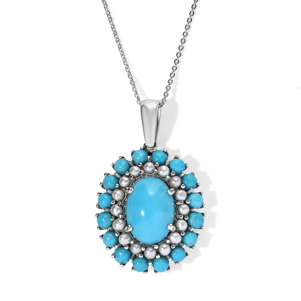D''Joy Premium Turquoise 7.70 ctw and Freshwater Pearl Pendant Necklace in Rhodium Over Sterling Silver 20 Inches