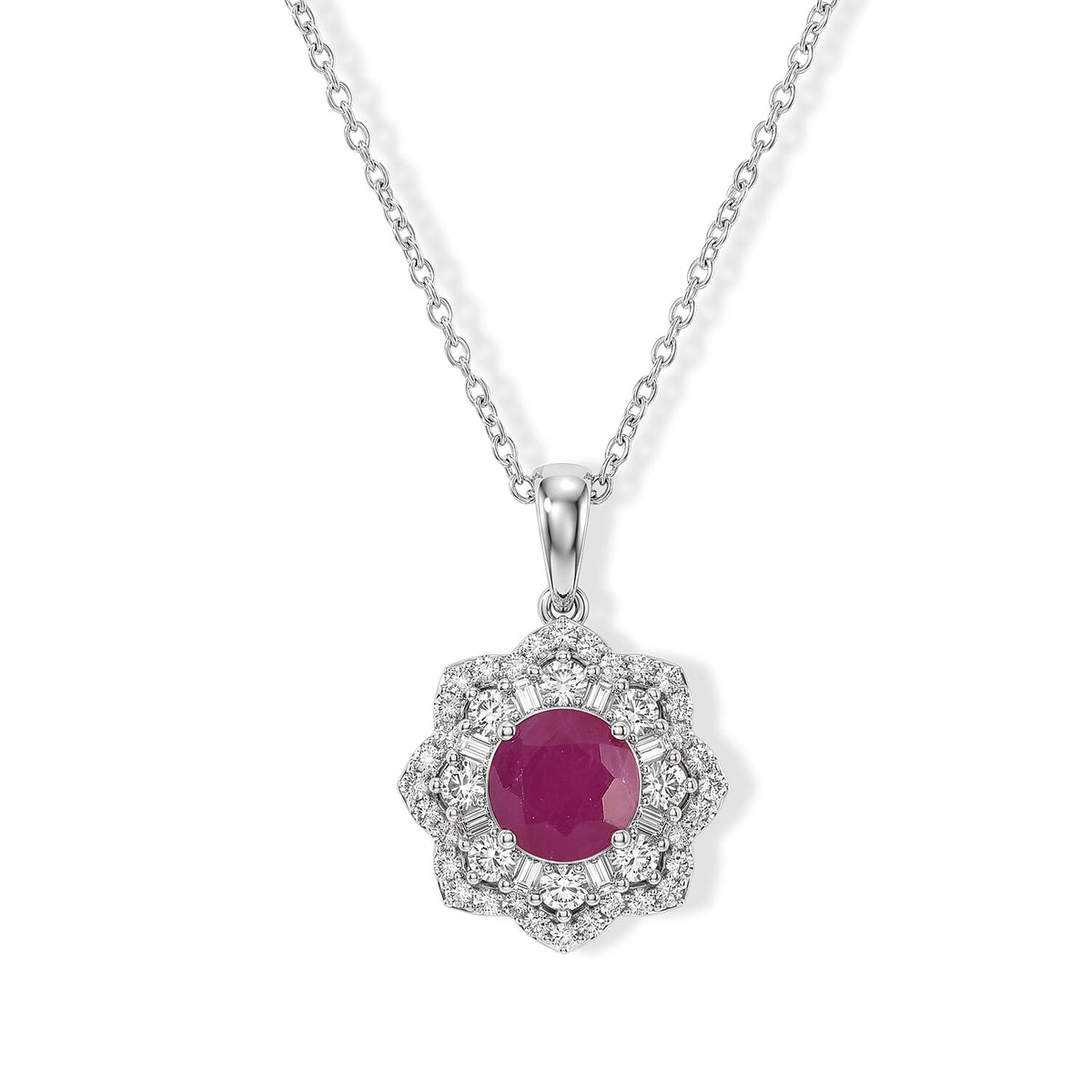 Certified and Appraised D'Joy Premium Royal Ruby and Moissanite 2.60 ctw Pendant Necklace (18 Inches) in Rhodium Over Sterling Silver