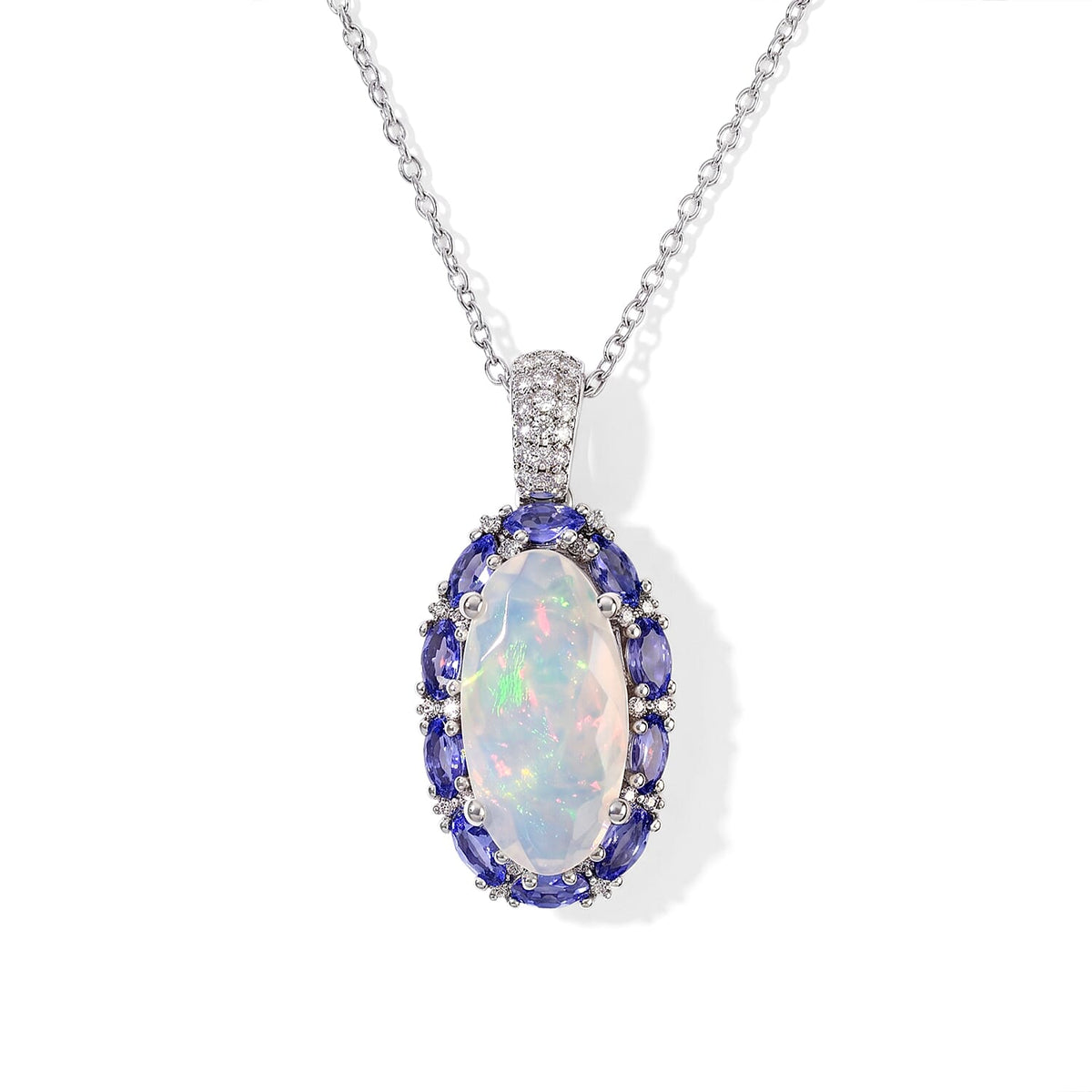 TLV D''Joy Premium Ethiopian Welo Opal, Multi Gemstone Pendant Necklace (20 Inches) in Rhodium Over Sterling Silver 4.75 ctw