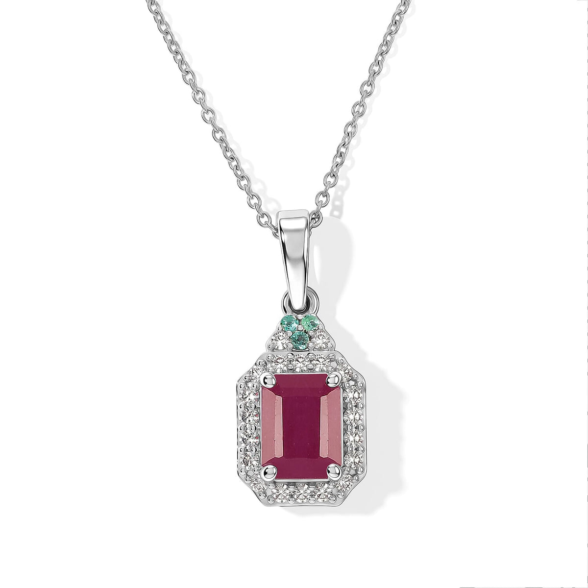 Certified and Appraised D''Joy Premium Taveta Ruby, Paraiba Tourmaline and Moissanite Pendant Necklace (18 Inches) in Rhodium Over Sterling Silver 2.75 ctw
