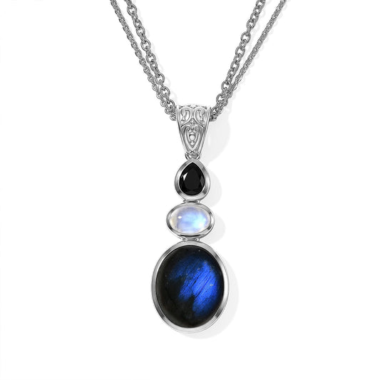 D''Joy Malagasy Labradorite and Multi Gemstone 6.50 ctw Pendant Necklace 20 Inches in Sterling Silver and Stainless Steel Chain Necklace 24 Inches