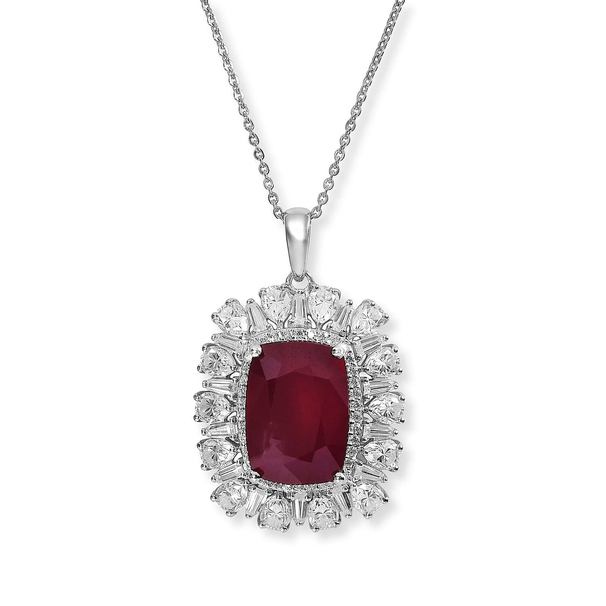 Doorbuster D''Joy Premium African Ruby (FF) and Moissanite 14.70 ctw Pendant Necklace in Rhodium Over Sterling Silver 20 Inches